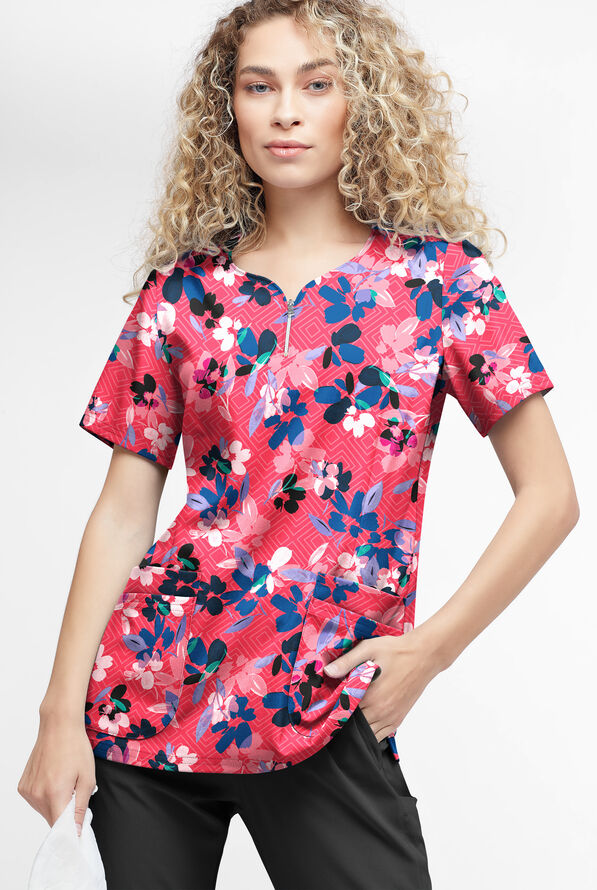 Easy STRETCH Floral Watermelon Women's 4-Pocket Zip Curved Neck Print Scrub Top - null - 2