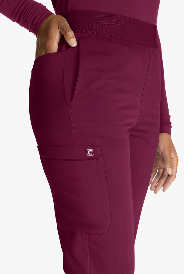 Cherokee Atmos Women's 5-Pocket STRETCH Coolmax Textured Elastic Waistband Cargo Scrub Pants - Wine - 2