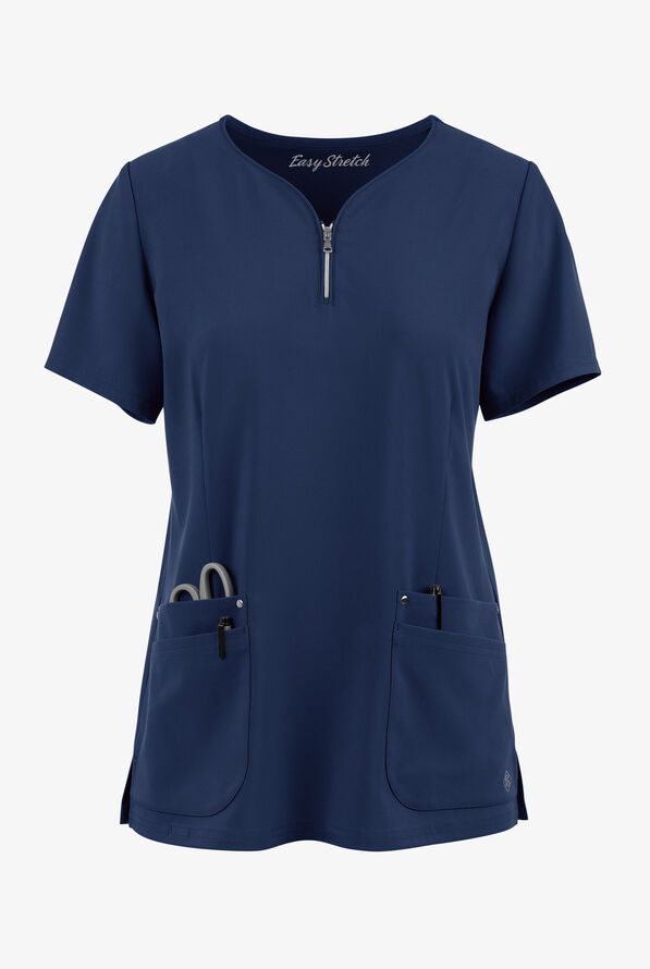 Easy STRETCH Arianna Women's 4-Pocket Curved Neck Scrub Top - Navy - 1