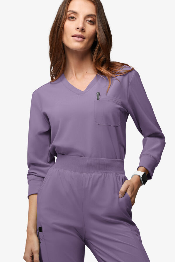 Easy STRETCH Women's Josie 2-Pocket Relaxed 3/4" Sleeve Scrub Top - Purple Dusk - 2
