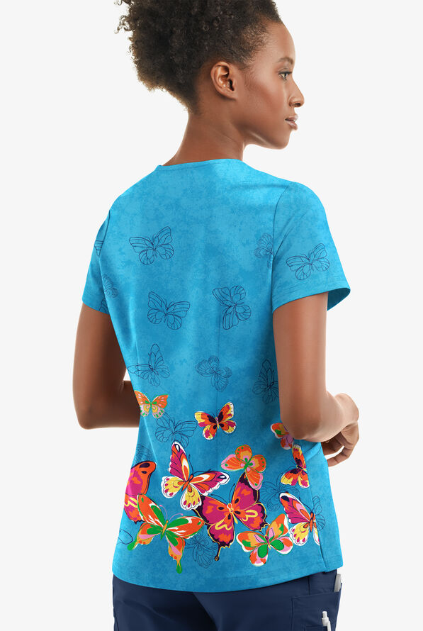 Butter-Soft STRETCH Butterfly Border Turquoise Women's 2- Pocket V-Neck Print Scrub Top - null - 2