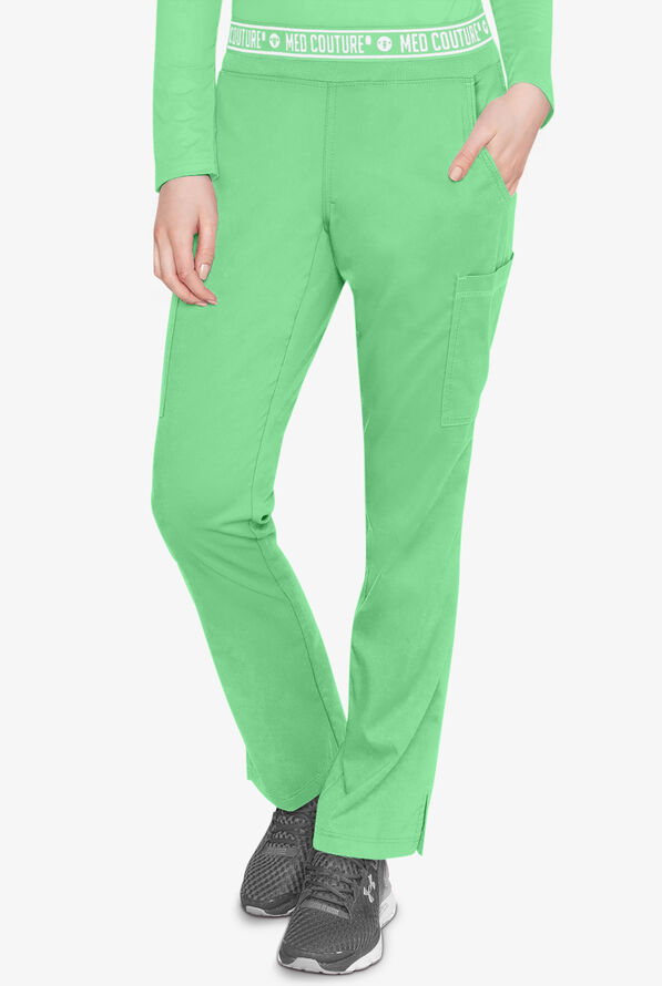 Med Couture Touch Women's 7-Pocket STRETCH Logo Elastic Double Cargo Yoga Scrub Pants - Kiwi Lime - 1