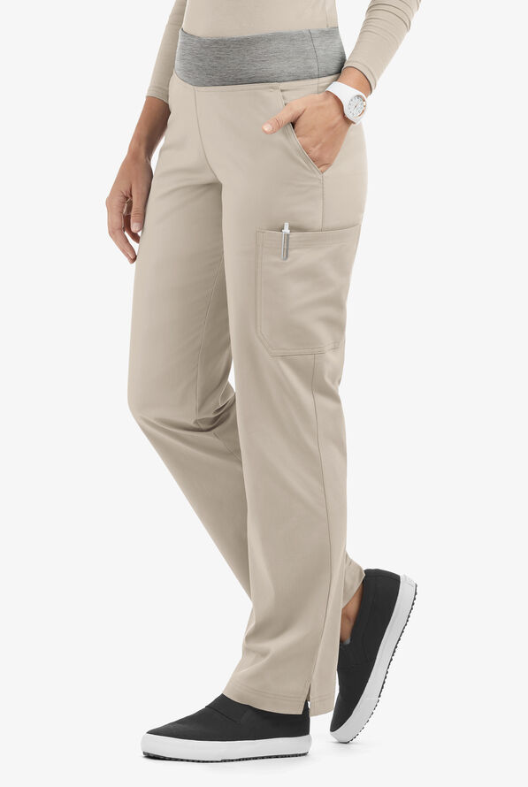 Butter-Soft STRETCH Women's 4-Pocket Knit Waistband Yoga Scrub Pants - Warm Sand/Silver Melange - 1