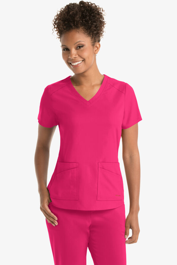 Grey's Anatomy by Barco Spandex STRETCH Emma Women's 4-Pocket V-Neck Scrub Top - Vibrance Pink - 2
