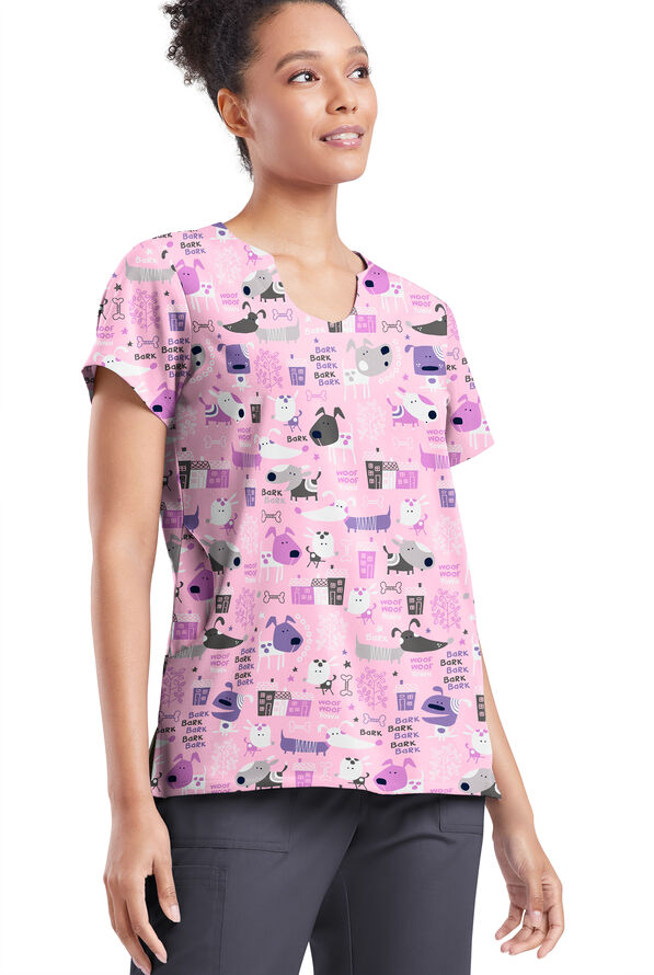 Happy Scrubs Bark Park Blush Women's 2-Pocket Scallop Neck Print Scrub Top - null - 2