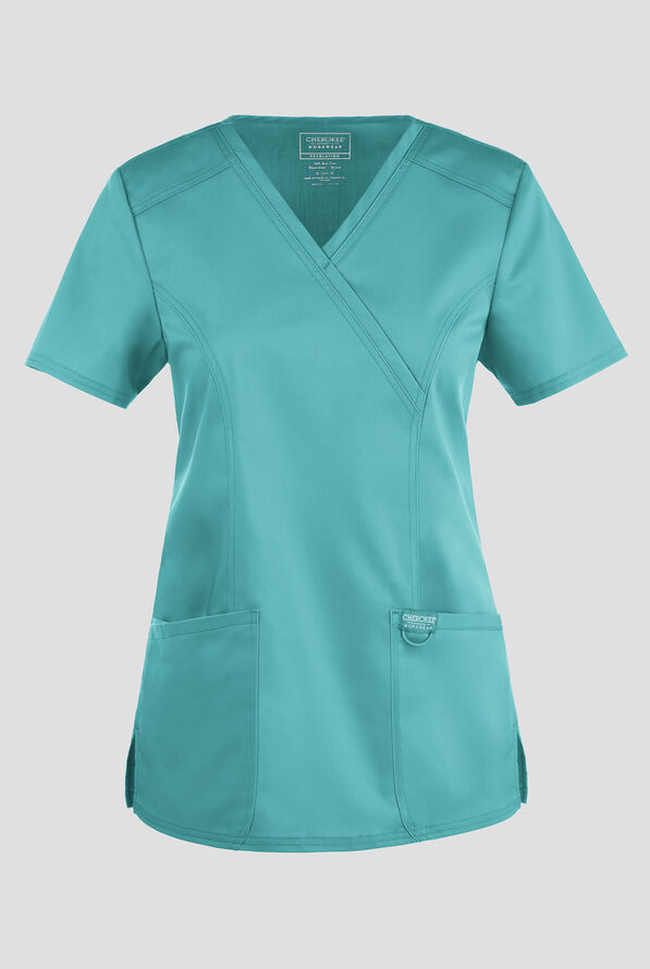 Cherokee Workwear Revolution Women's 2-Pocket STRETCH Mock Wrap Scrub Top - Soft Marine - 1