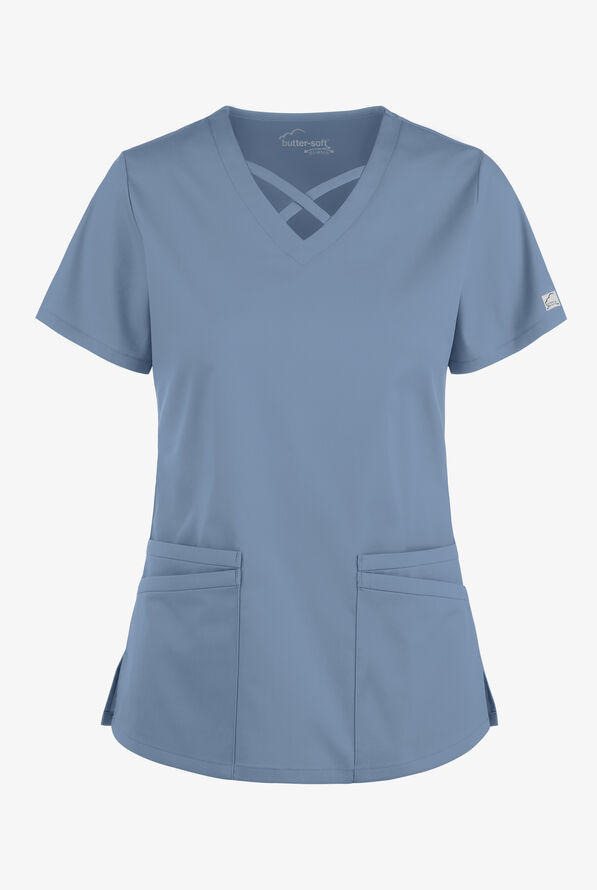 Butter-Soft STRETCH Women's 4-Pocket Crisscross Scrub Top - Indigo Batik - 1