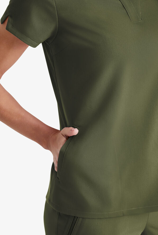 Grey's Anatomy by Barco Spandex STRETCH Avery Women's 2-Pocket Notch Sleeve V-Neck Scrub Top - Olive - 3