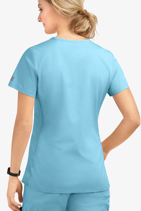 Butter-Soft STRETCH Women's 3-Pocket V-Neck with Side Knit Panels Scrub Top - Poolside View - 3