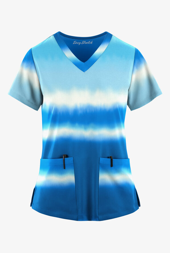 Easy STRETCH  Waterfall Stripe Women's 2-Pocket Mitered V-Neck Print Scrub Top - null - 1
