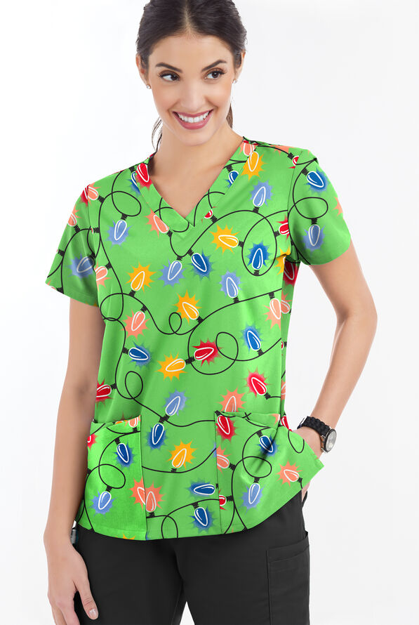 Butter-Soft Fairy Lights Grass Green Women's 4-Pocket Rounded V-Neck Printed Scrub Top - null - 2
