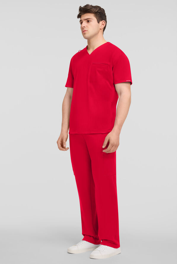 Cherokee Achieve Men's 3-Pocket STRETCH Relaxed V-Neck Knit Scrub Top - Red - 4