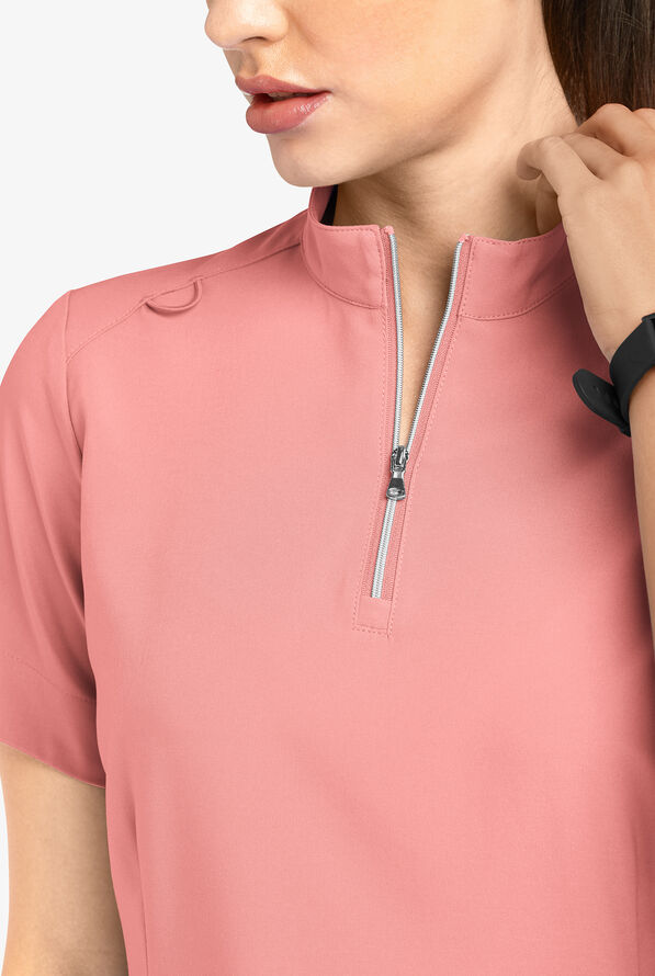 Blusa médica Easy STRETCH Jen con cremallera en el cuello y 4 bolsillos para mujer - Autumn Coral - 3