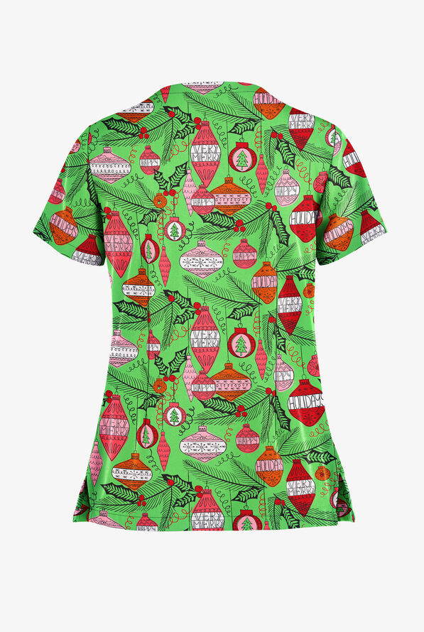 Butter-Soft Christmas Baubles Grass Green Women's 2-Pocket Keyhole V Neck Print Scrub Top - null - 2