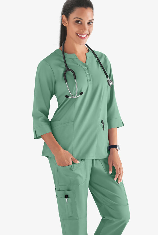 Butter-Soft STRETCH Women's 4-Pocket 3/4" Sleeve Round Neck Scrub Top - Water Mint - 2