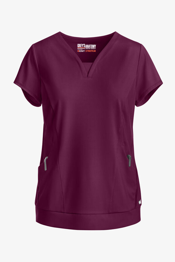 Grey's Anatomy by Barco Knit STRETCH Motivate Women's 2-Pocket Banded V-Neck Scrub Top - Wine - 1