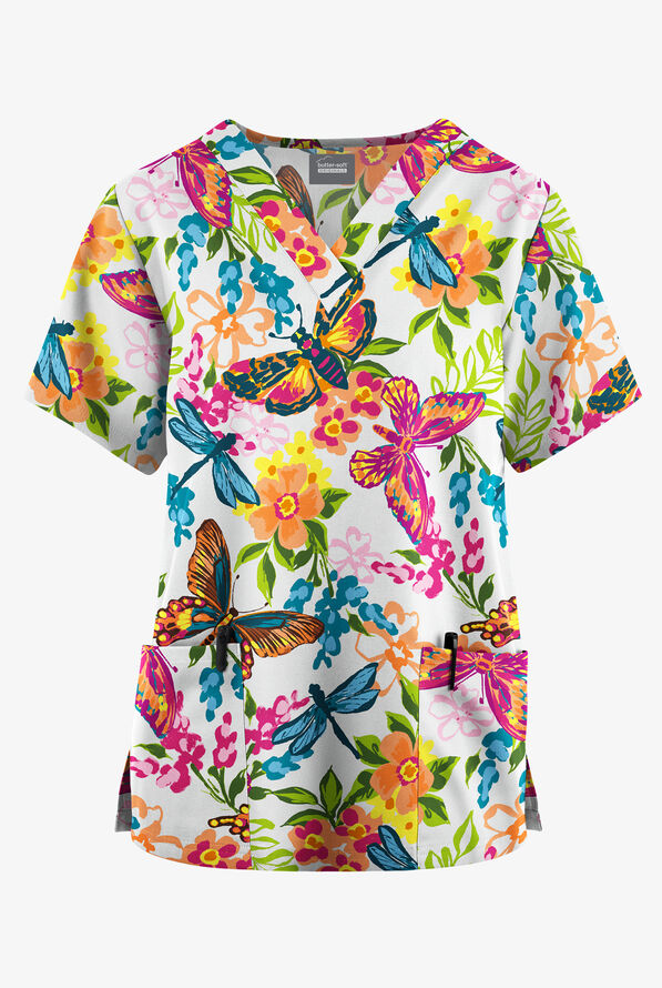 Butter-Soft Originals Summer Garden White Women's 2-Pocket V-Neck Print Scrub Top - null - 1