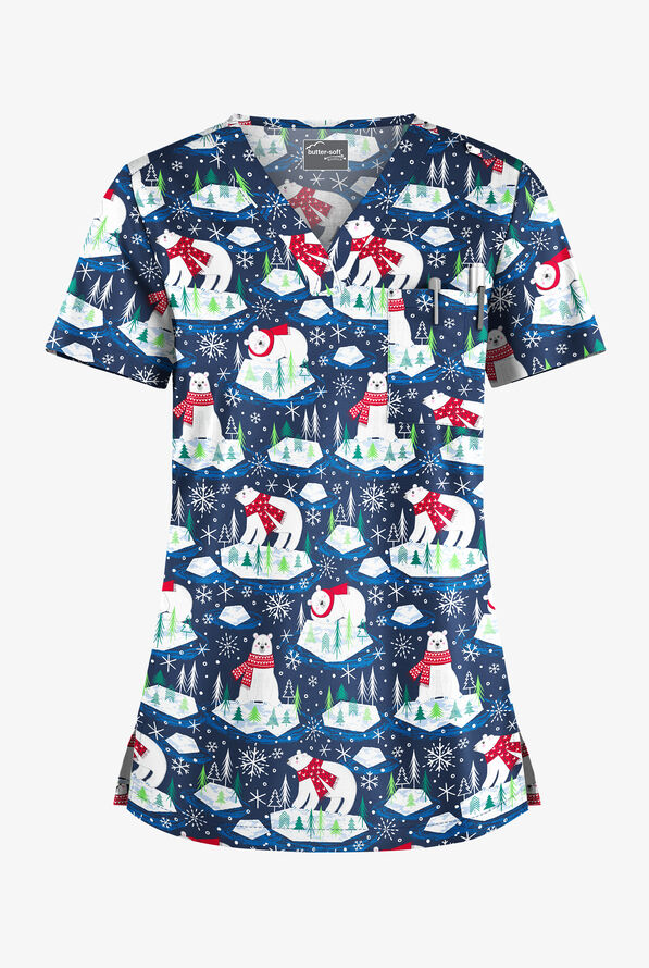 Blusa médica estampada Butter-Soft Polar Holiday Navy con cuello en V y 1 bolsillo para mujer - null - 1