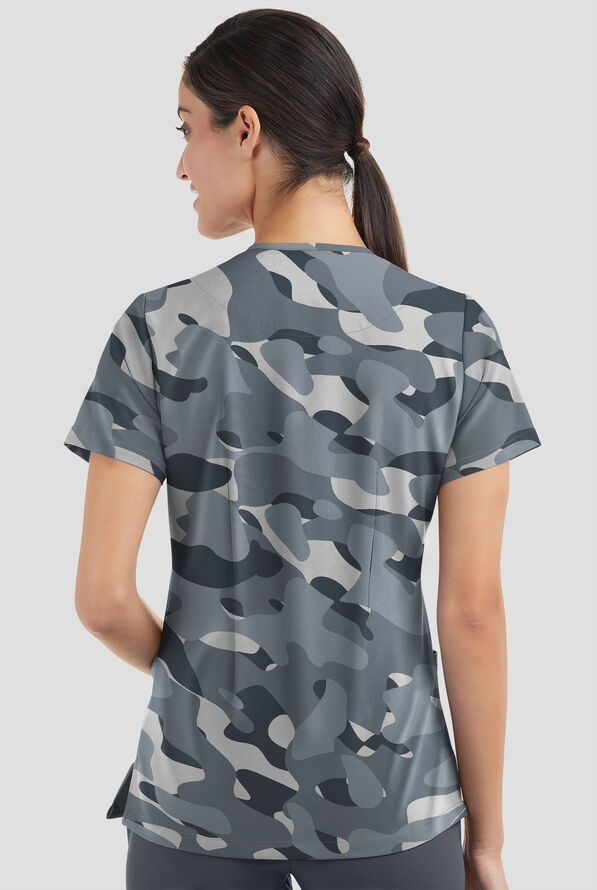 Strictly Scrubs STRETCH Cloud Camo Pewter Women's 2-Pocket Mitered V-Neck Print Scrub Top - null - 2