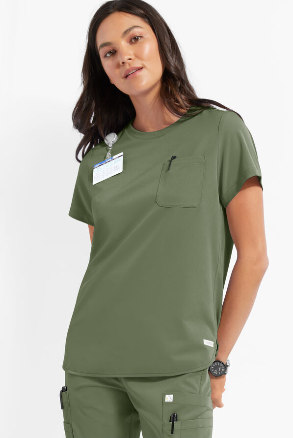 ReSurge Citrine Women's 1-Pocket Crew Neck Tuck In / Wear Out Scrub Top - Light Olive - 2