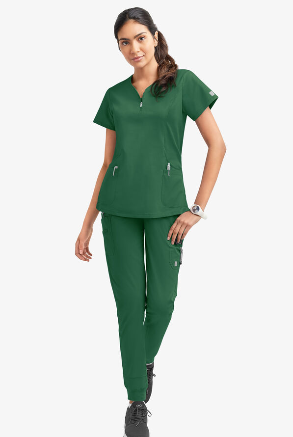 Butter-Soft STRETCH Women's 4-Pocket Curved Neck Zipper Scrub Top - Hunter - 2