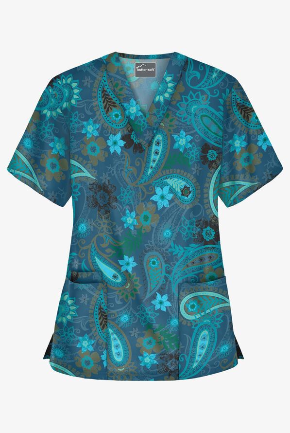 Butter-Soft Whimsical Paisley Caribbean Blue Women's 3-Pocket V-Neck Print Scrub Top - null - 1