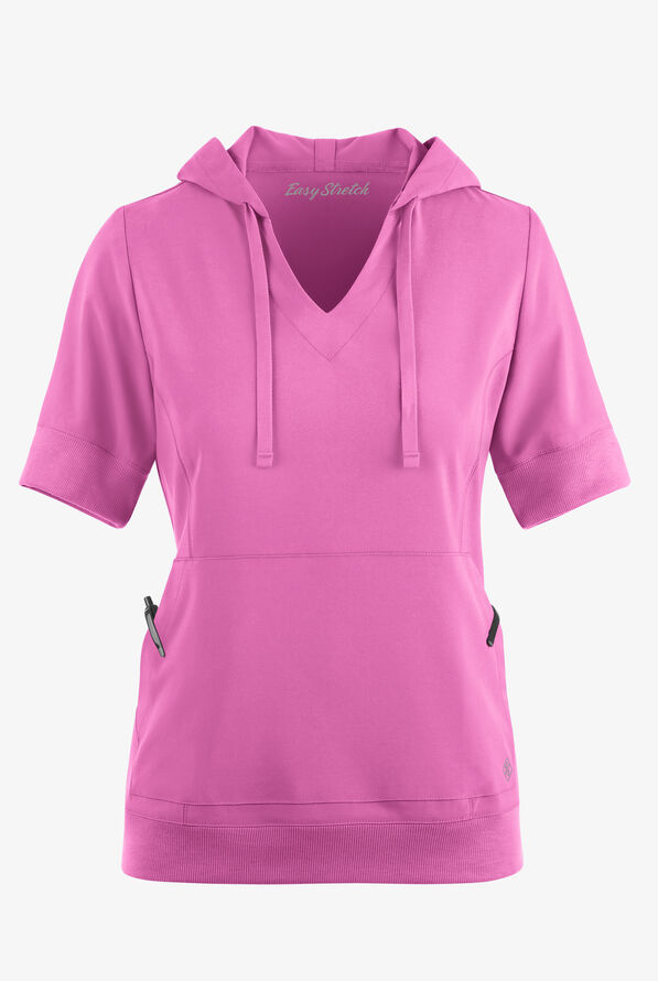 Easy STRETCH True Women's 3-Pocket Short Sleeve Pull-Over Scrub Hoodie - Magnesium Pink - 2