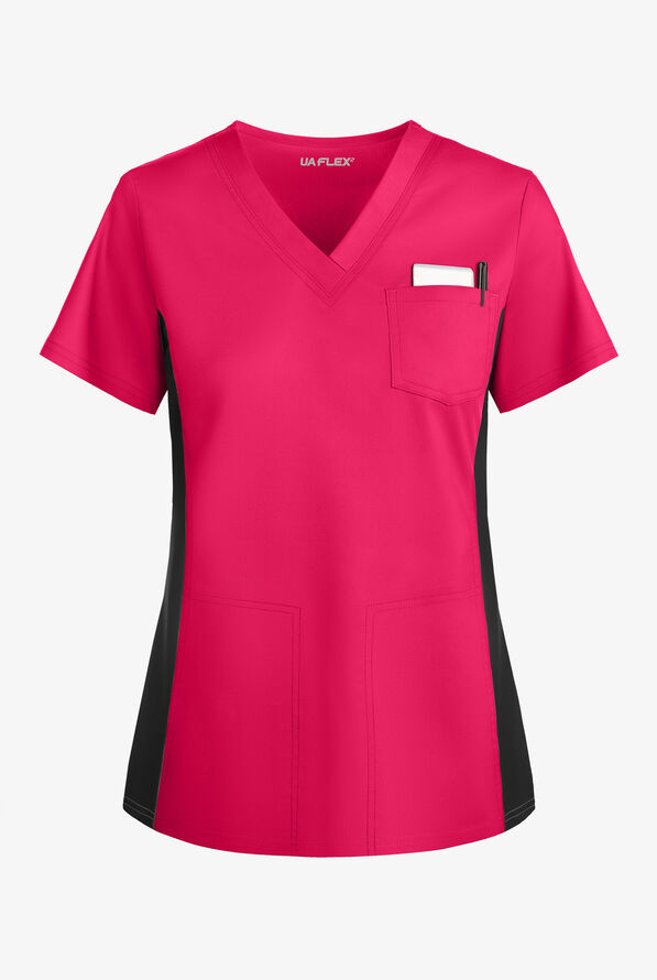 UA Flex2 Women's 3-Pocket Knit Side Panels V-Neck STRETCH Scrub Top - Fuchsia/Black - 1