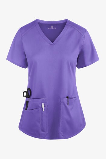 Med Couture Touch Women's 3-Pocket STRETCH Rib-Knit Side Panels Shirttail V-Neck Scrub Top