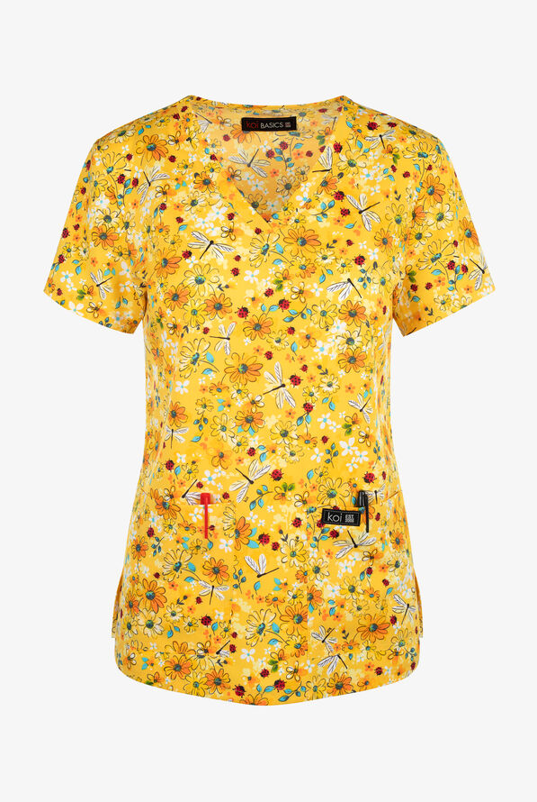 koi Basics Dragon Fly Daisy Women's 2-Pocket STRETCH V-Neck Print Scrub Top - null - 1