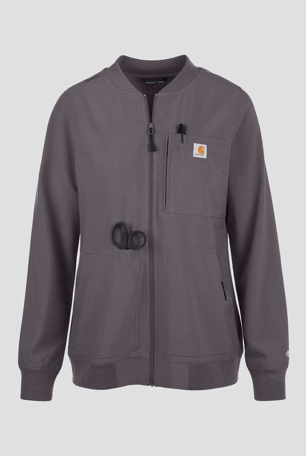 Carhartt Force Cross-Flex Rugged Flex Women's 6-Pocket Rib Trim Lightweight Zip Bomber Scrub Jacket - Pewter - 1