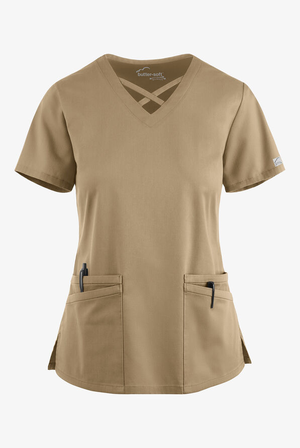 Butter-Soft STRETCH Women's 4-Pocket Crisscross Scrub Top - Golden Sand - 1