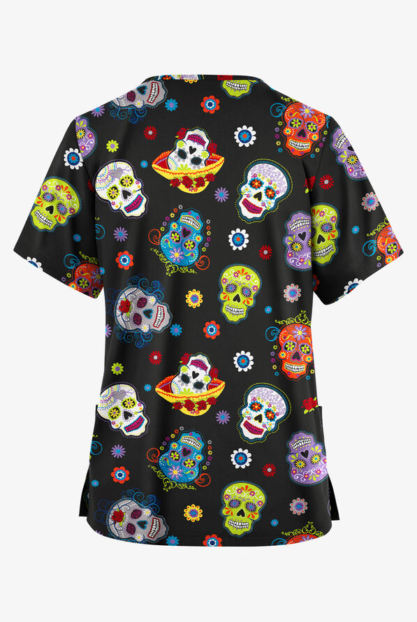 Butter-Soft Originals Festive Calavera Black Women's 2-Pocket Classic Fit V-Neck Print Scrub Top - null - 2