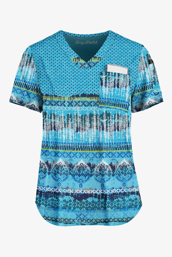 Easy STRETCH Woodblock Paisley Turquoise Womens 2-Pocket V-Neck Print Scrub Top - null - 1