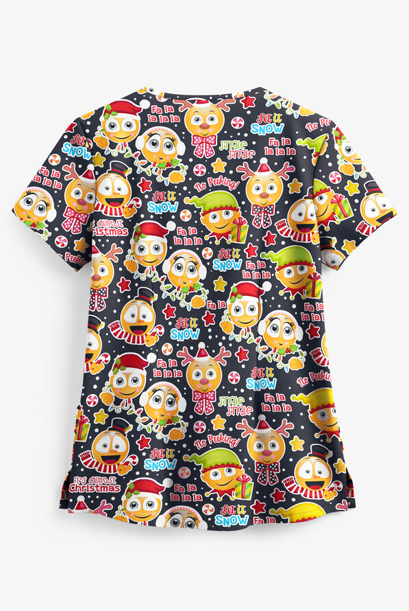 Butter-Soft Holiday Emoji Pewter Women's 4-Pocket Rounded V-Neck Print Scrub Top - null - 2