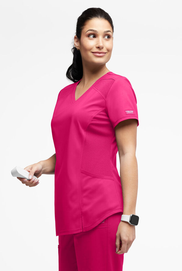 UA Exclusive Cherokee Workwear Revolution Women's 2-Pocket STRETCH Mesh Trim V-Neck Scrub Top - Wild Strawberry - 2