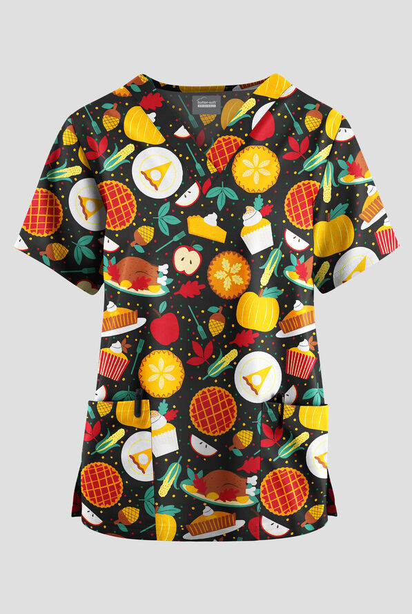 Butter-Soft Originals Thanksgiving Feast Women's 2-Pocket V-Neck Print Scrub Top - null - 1