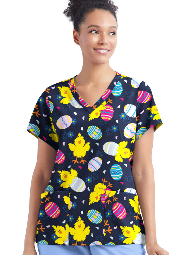 Happy Scrubs Easter Morning Navy Women's 4-Pocket Rounded V-Neck Print Scrub Top - null - 2