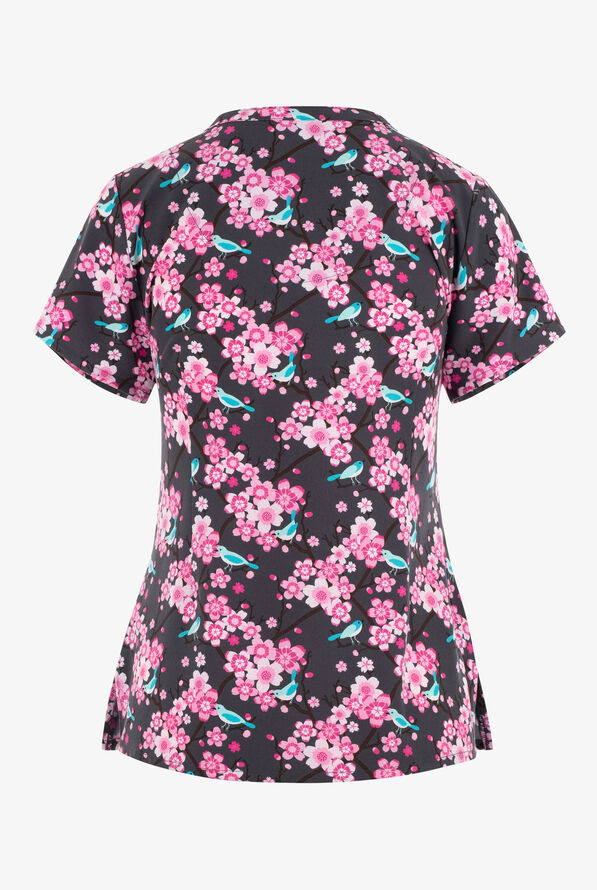 Maevn Spring Blossom Floral Women's 3-Pocket STRETCH V-Neck Print Scrub Top - null - 2