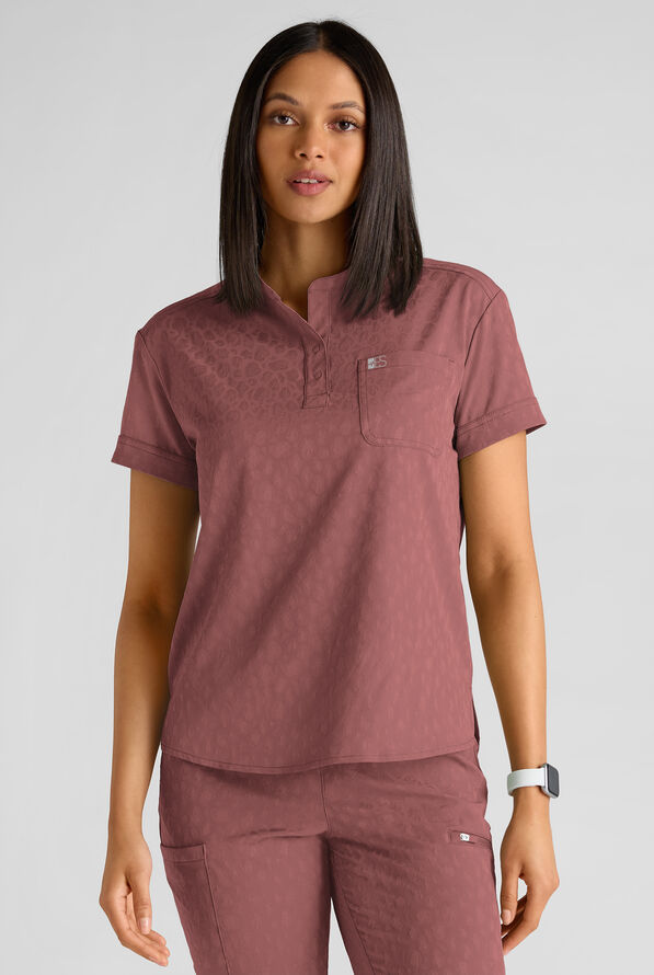 Easy STRETCH Bella Women's Jacquard 1-Pocket Henley Scrub Top - Soft Chestnut - 1