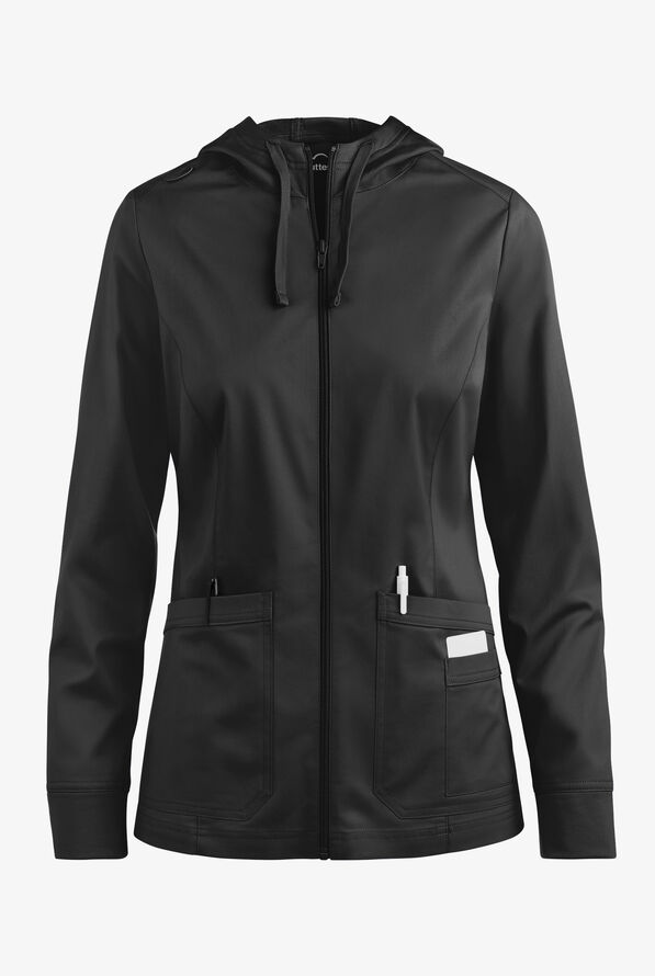 Butter-Soft STRETCH Women's 3-Pocket Zip-Front with Cozy Knit Hood and Trim Scrub Jacket - Black - 1