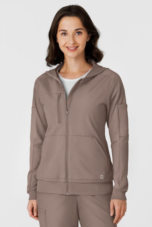Wink Renew Knit Women's 4-Pocket STRETCH Front Zip Scrub Hoodie Jacket - Haze - 3