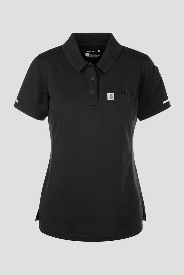 Carhartt FLD & RSCU Women's 3-Pocket STRETCH Collar Neck Short Sleeve Knit Pique Polo Scrub Top - Black - 1