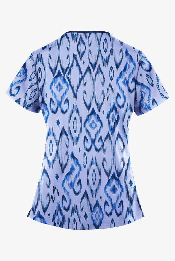 Easy STRETCH Uzbek Kilim Ceil Women's 4-Pocket Zipper Neck Print Scrub Top - null - 2