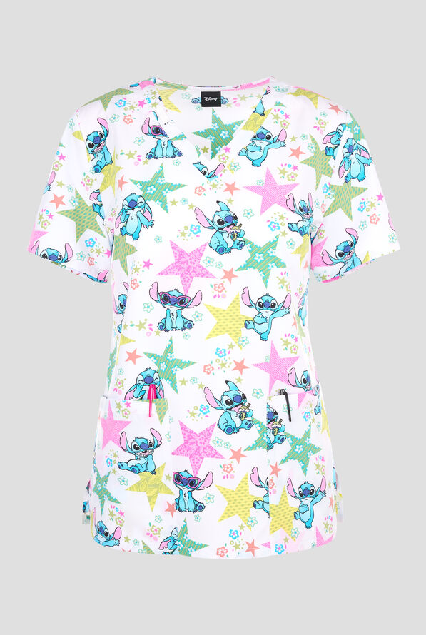 Tooniforms Disney's Star Flower Stitch Women's 2-Pocket STRETCH V-Neck Print Scrub Top - null - 1