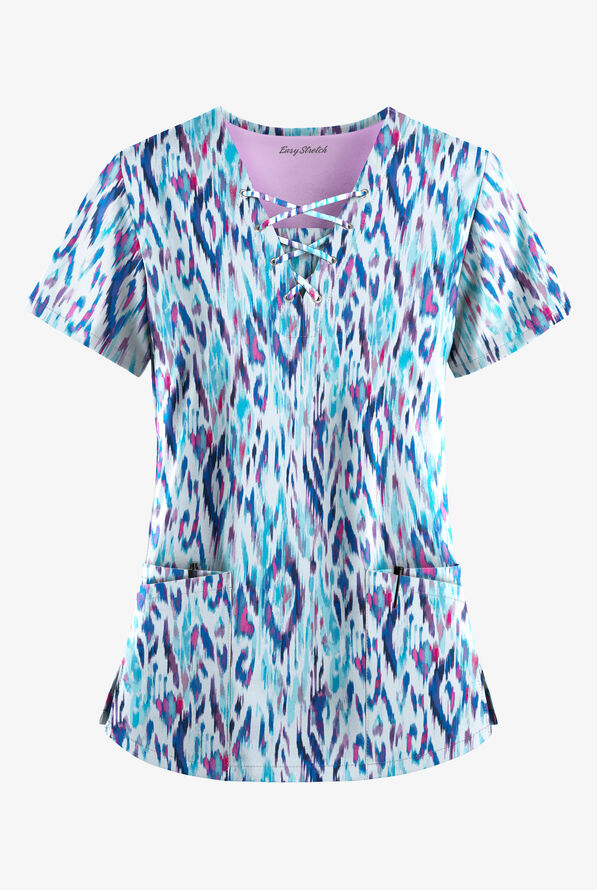 Easy STRETCH Rotterdam Ikat Turquoise Women's 4-Pocket V-Neck Print ...