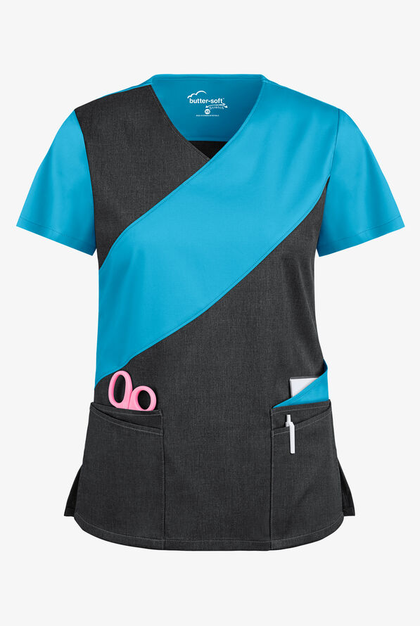 Butter-Soft STRETCH Women's 5-Pocket Asymmetric Scrub Top - Heather Charcoal/Turquoise - 1