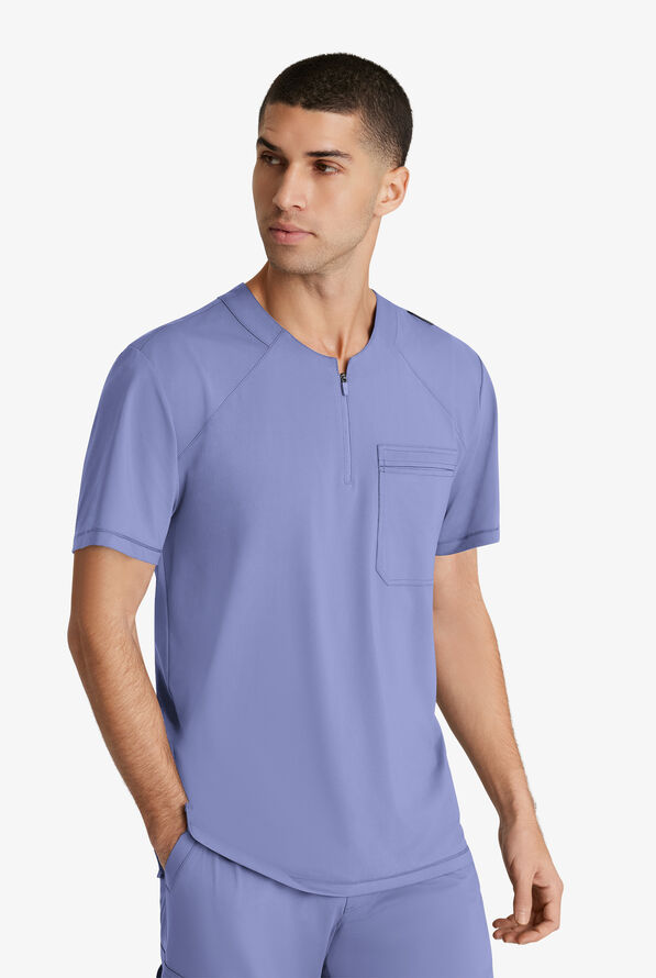 Skechers by Barco Slip-ins Flex Men's 1-Pocket STRETCH Tuck In Zipper Round Neck Scrub Top - Ceil Blue - 2