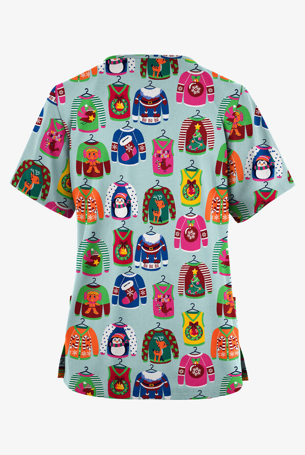 Butter-Soft Originals Christmas Sweaters  Women's 2-Pocket Classic Fit V-Neck Print Scrub Top - null - 2