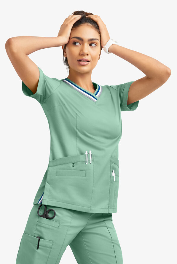 Butter-Soft STRETCH Women's 5-Pocket Short Sleeve V-Neck with Sport Trim Detail Scrub Top - Water Mint - 7
